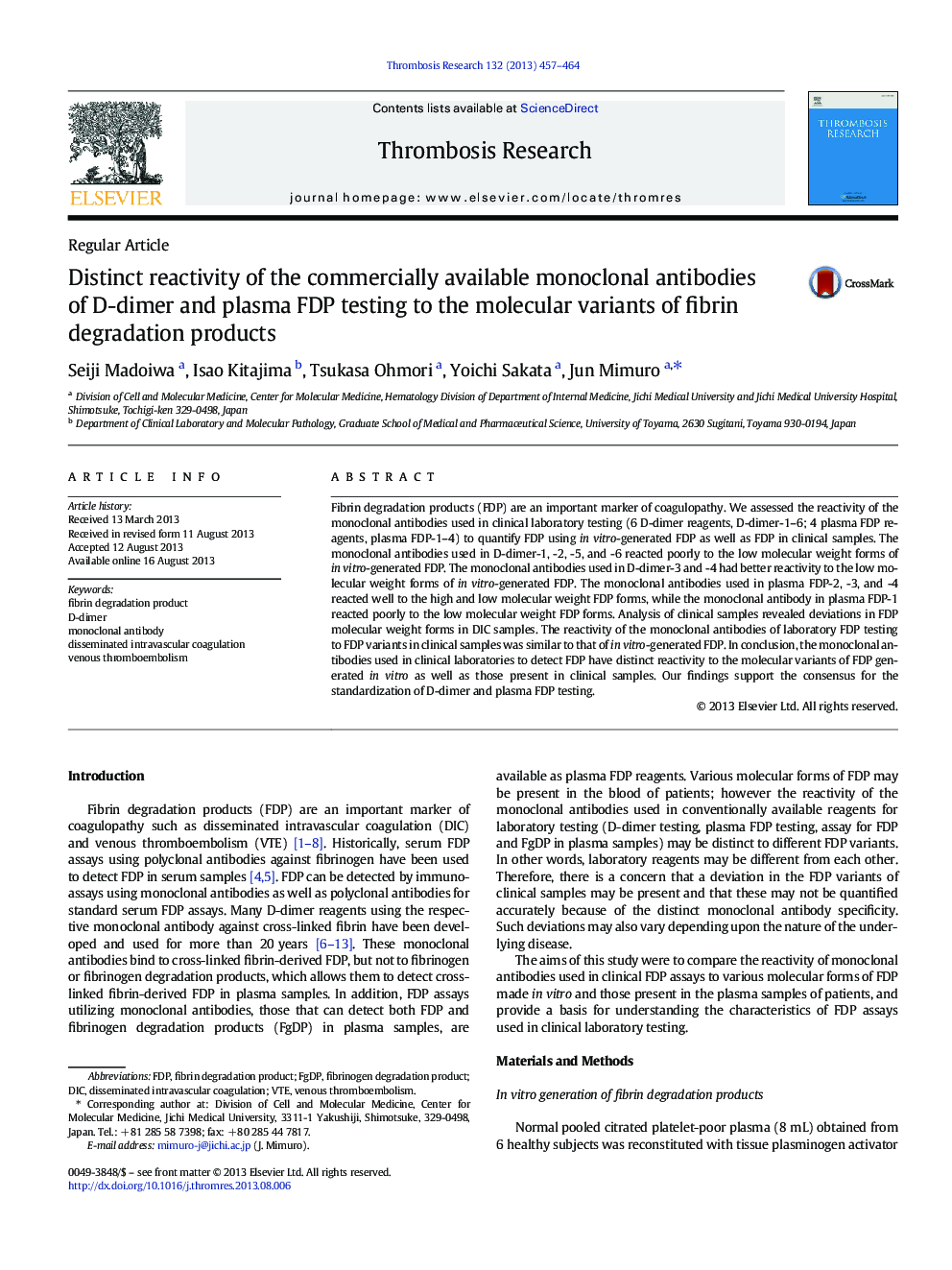 Distinct reactivity of the commercially available monoclonal antibodies of D-dimer and plasma FDP testing to the molecular variants of fibrin degradation products