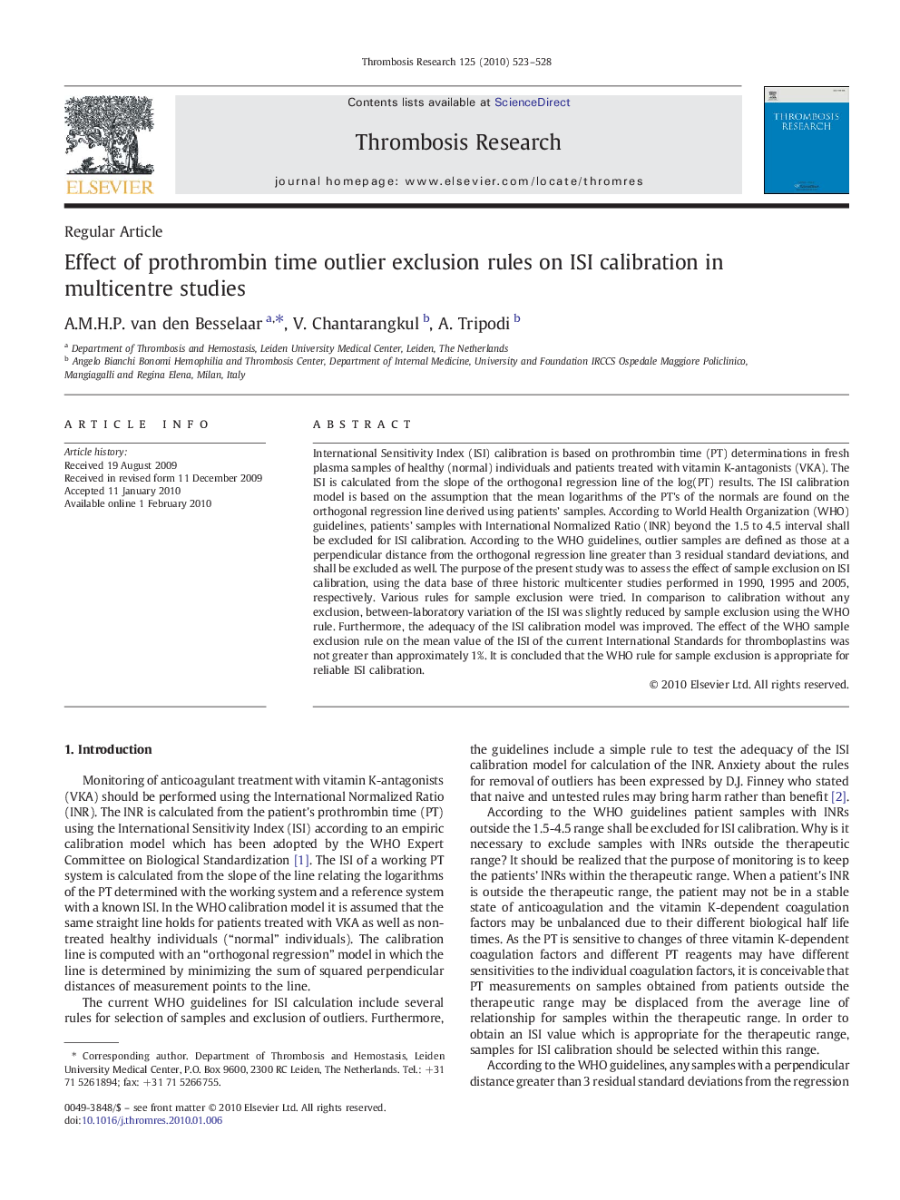 Effect of prothrombin time outlier exclusion rules on ISI calibration in multicentre studies