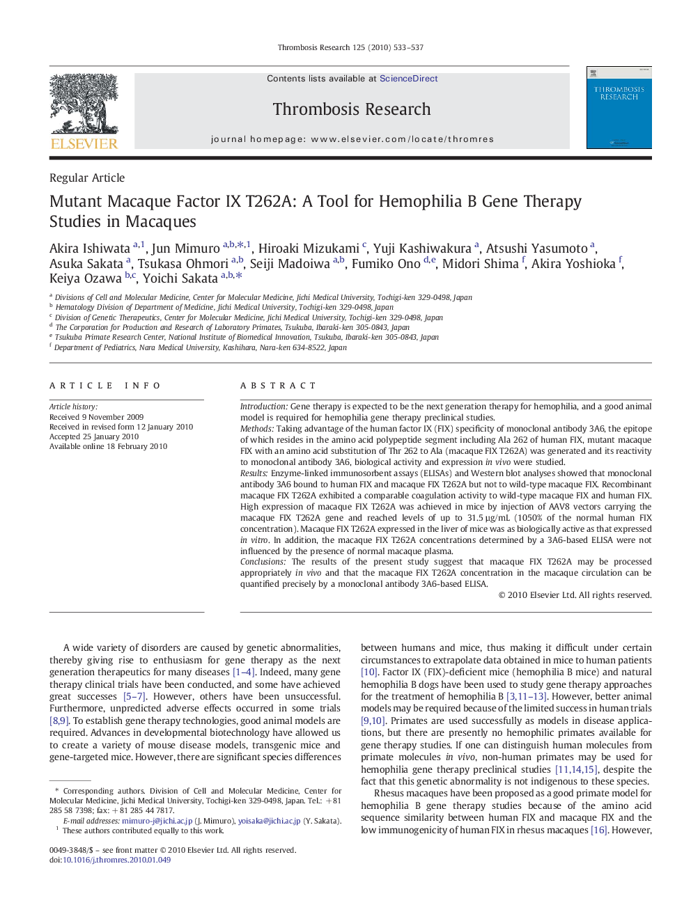 Mutant Macaque Factor IX T262A: A Tool for Hemophilia B Gene Therapy Studies in Macaques