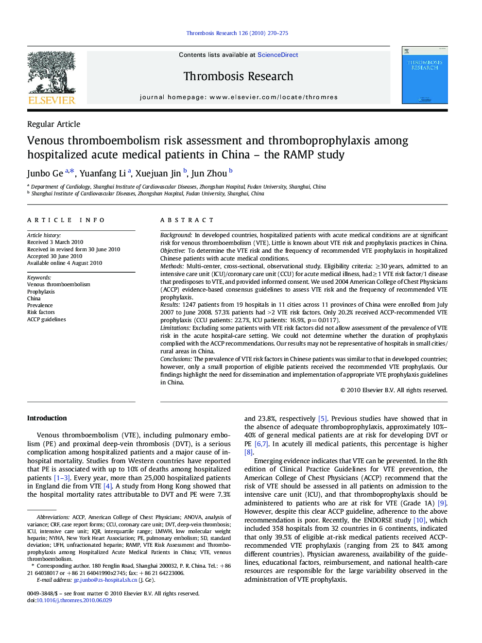 Venous thromboembolism risk assessment and thromboprophylaxis among hospitalized acute medical patients in China - the RAMP study