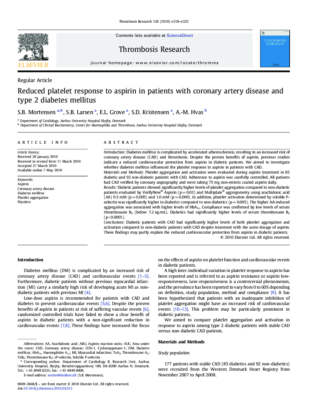 Reduced platelet response to aspirin in patients with coronary artery disease and type 2 diabetes mellitus