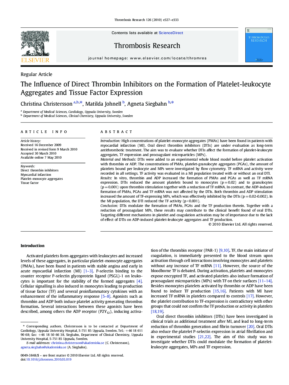 The Influence of Direct Thrombin Inhibitors on the Formation of Platelet-leukocyte Aggregates and Tissue Factor Expression