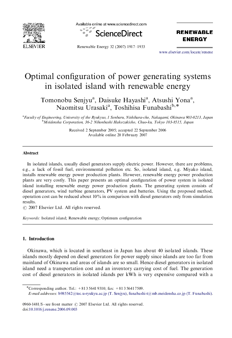 Optimal configuration of power generating systems in isolated island with renewable energy