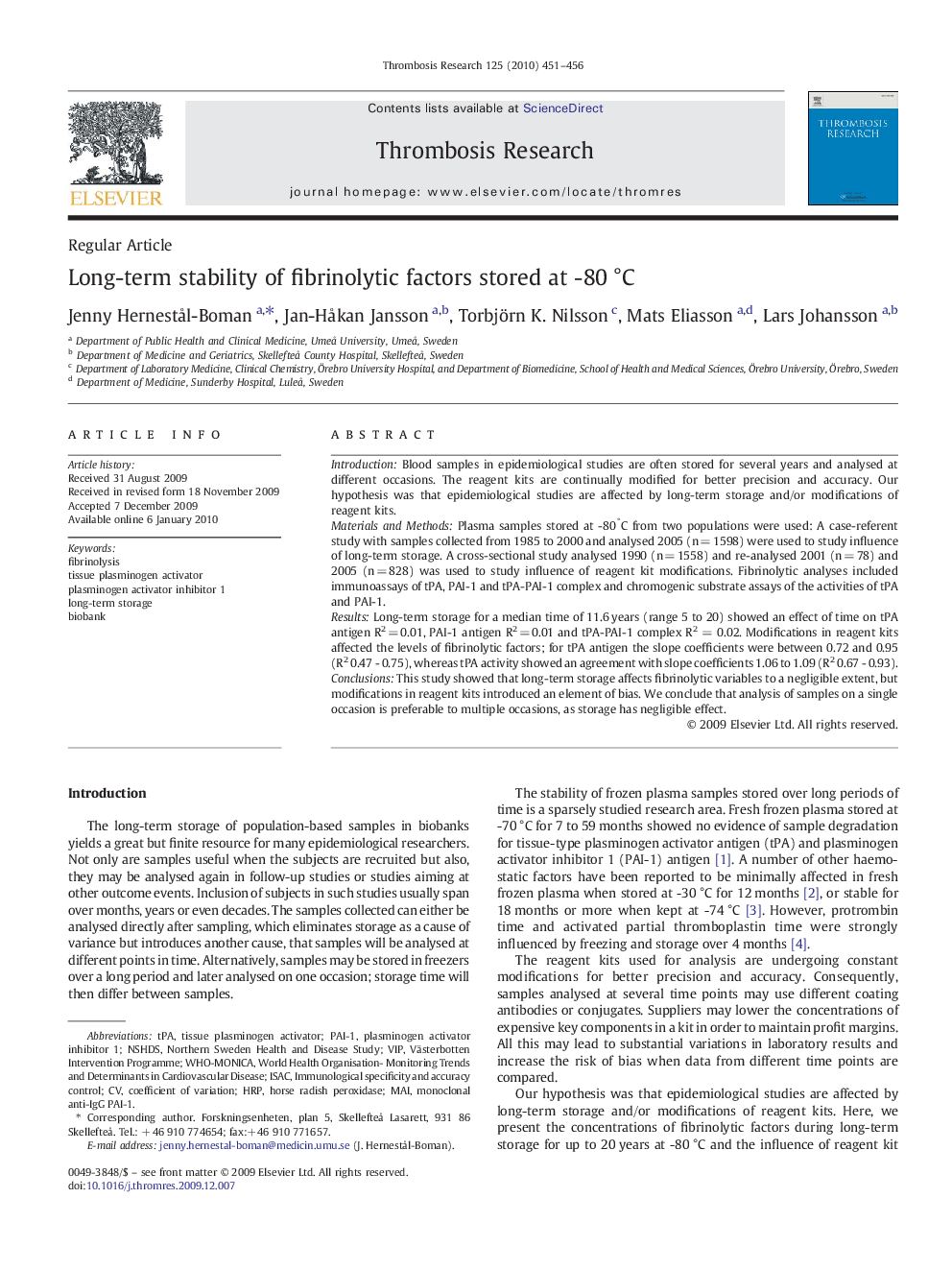 Long-term stability of fibrinolytic factors stored at -80Â Â°C