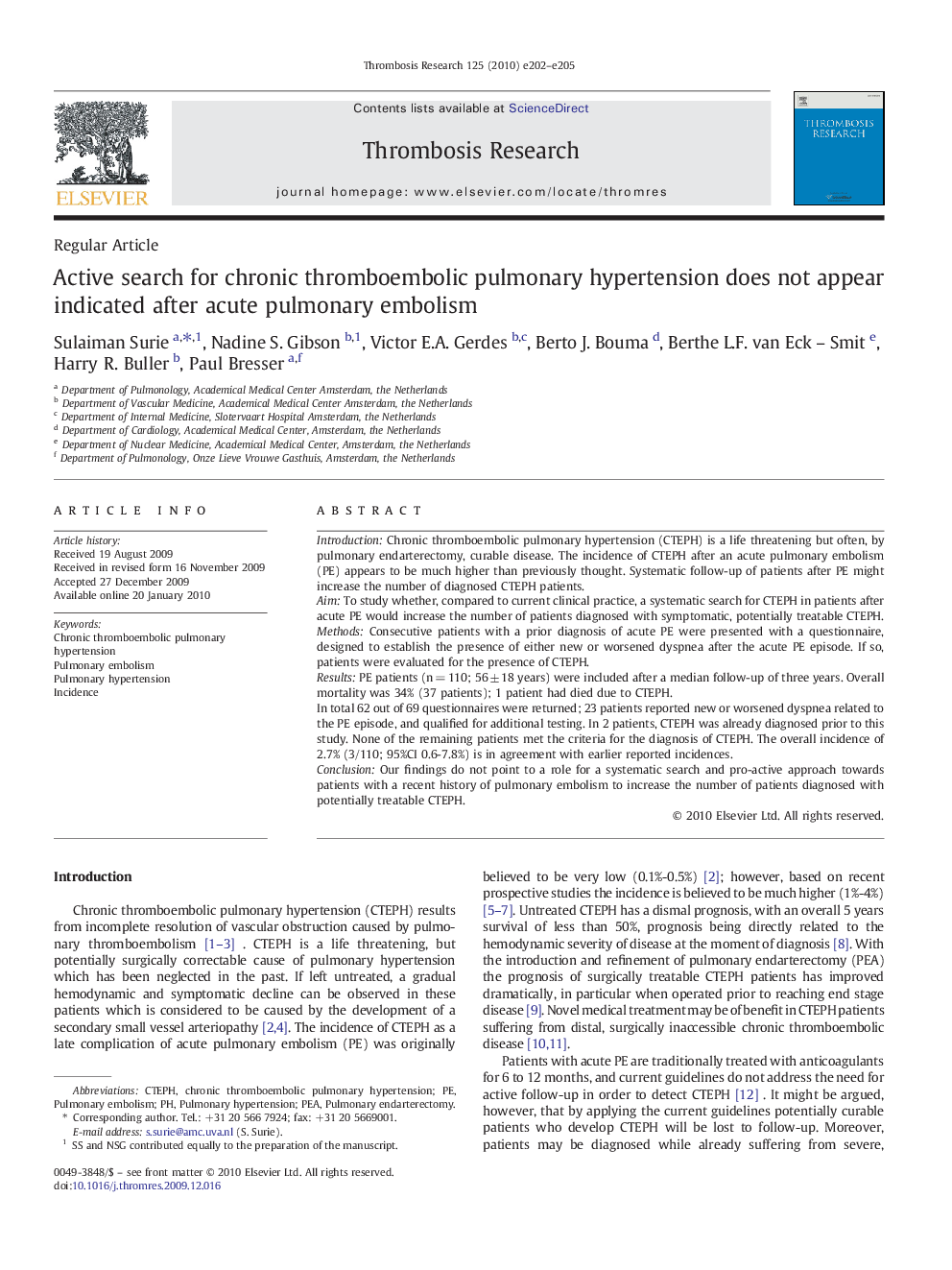 Active search for chronic thromboembolic pulmonary hypertension does not appear indicated after acute pulmonary embolism