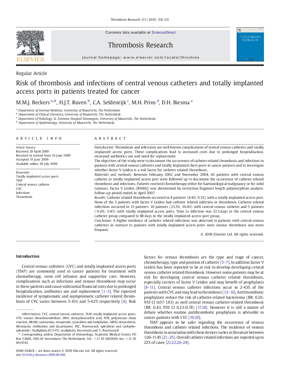 Risk of thrombosis and infections of central venous catheters and totally implanted access ports in patients treated for cancer