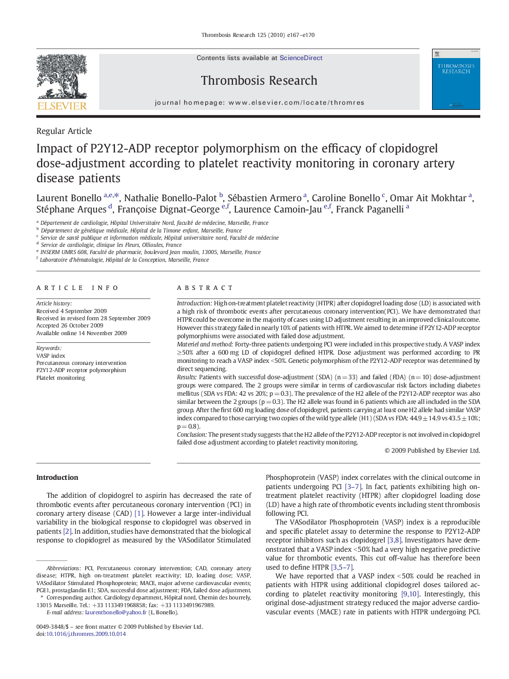 Impact of P2Y12-ADP receptor polymorphism on the efficacy of clopidogrel dose-adjustment according to platelet reactivity monitoring in coronary artery disease patients