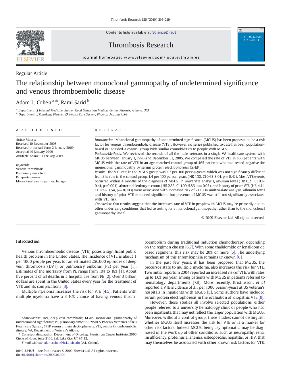 The relationship between monoclonal gammopathy of undetermined significance and venous thromboembolic disease