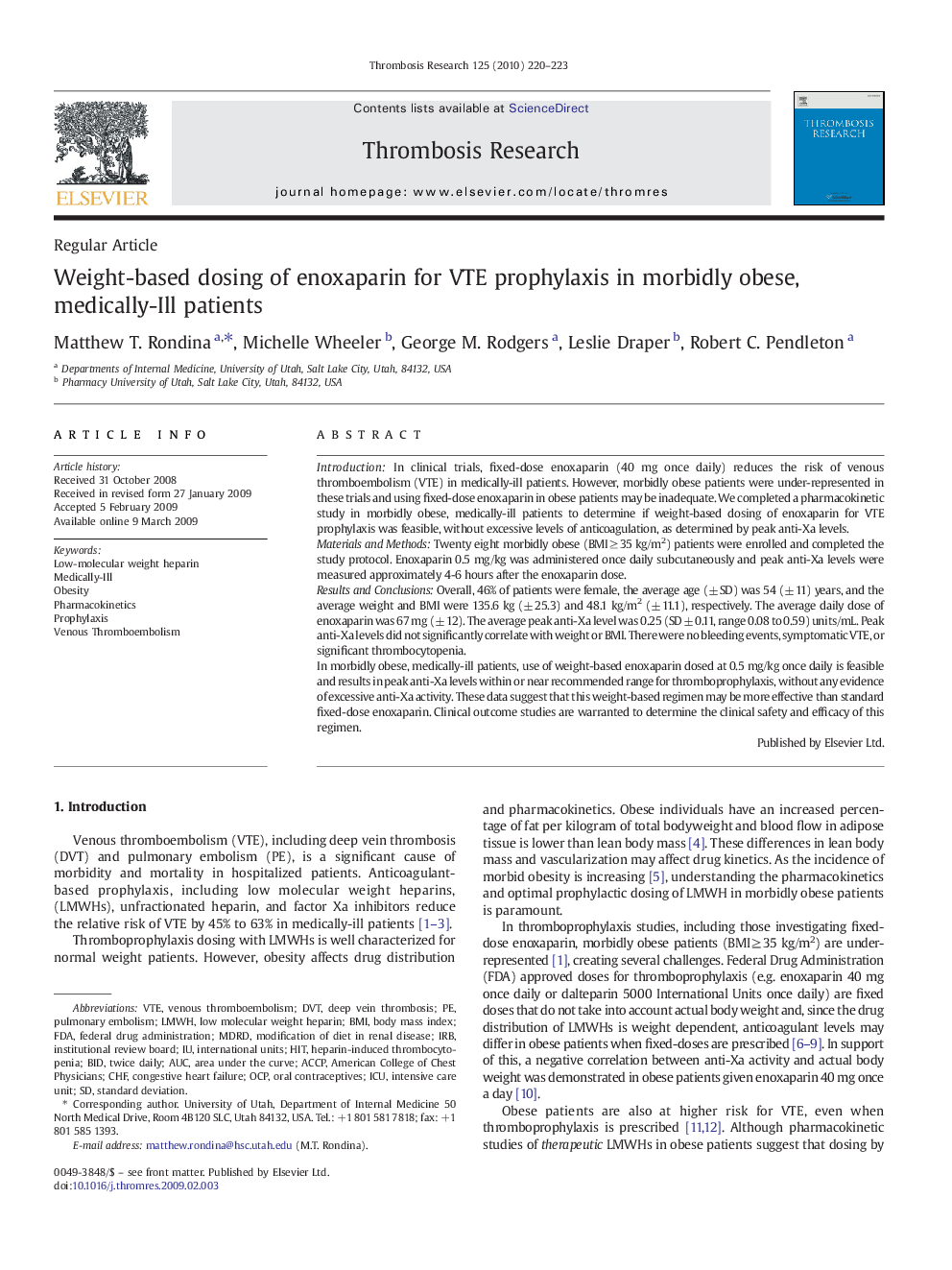 Weight-based dosing of enoxaparin for VTE prophylaxis in morbidly obese, medically-Ill patients