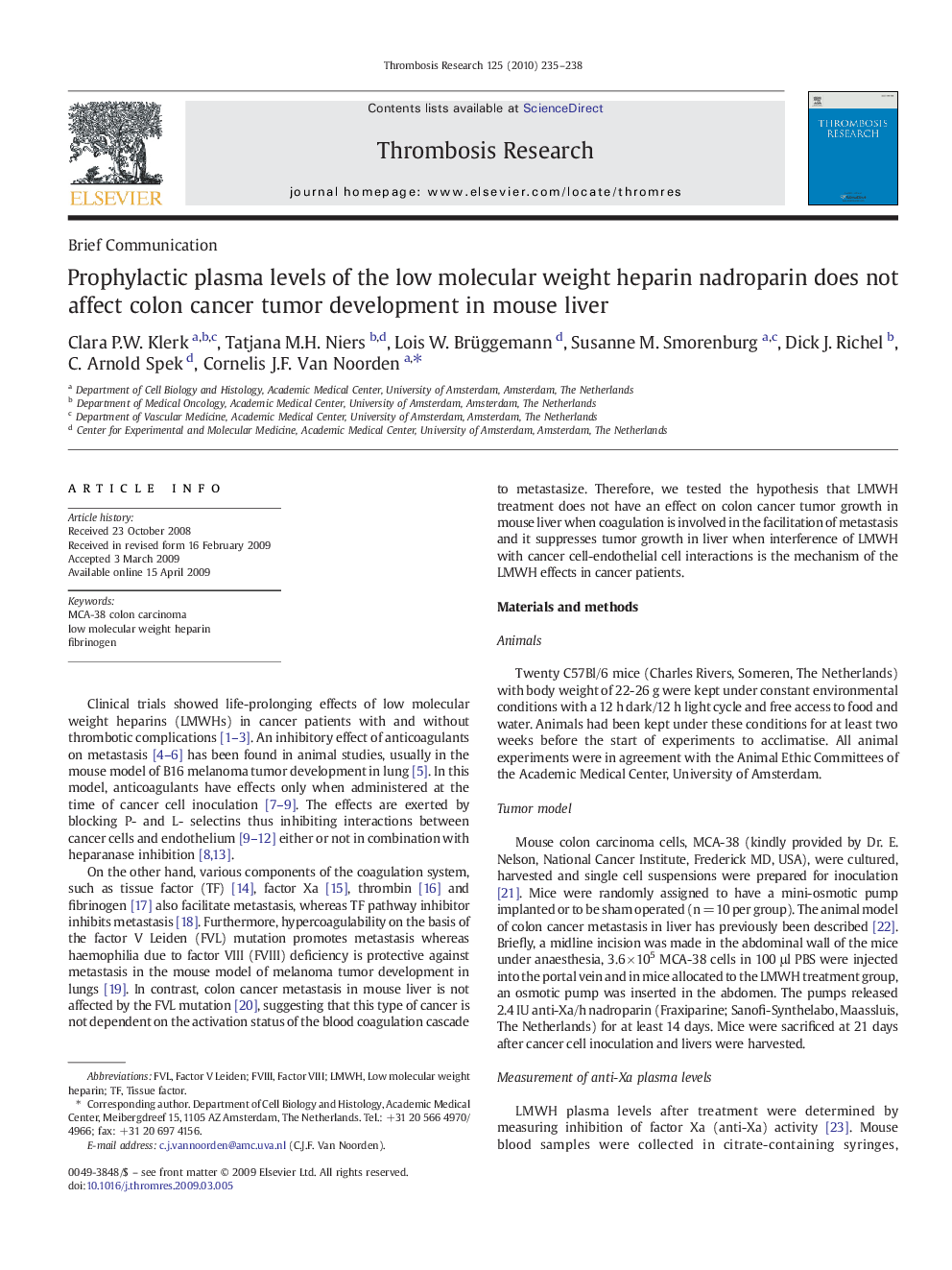 Prophylactic plasma levels of the low molecular weight heparin nadroparin does not affect colon cancer tumor development in mouse liver