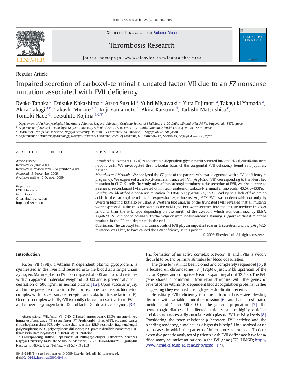 Impaired secretion of carboxyl-terminal truncated factor VII due to an F7 nonsense mutation associated with FVII deficiency