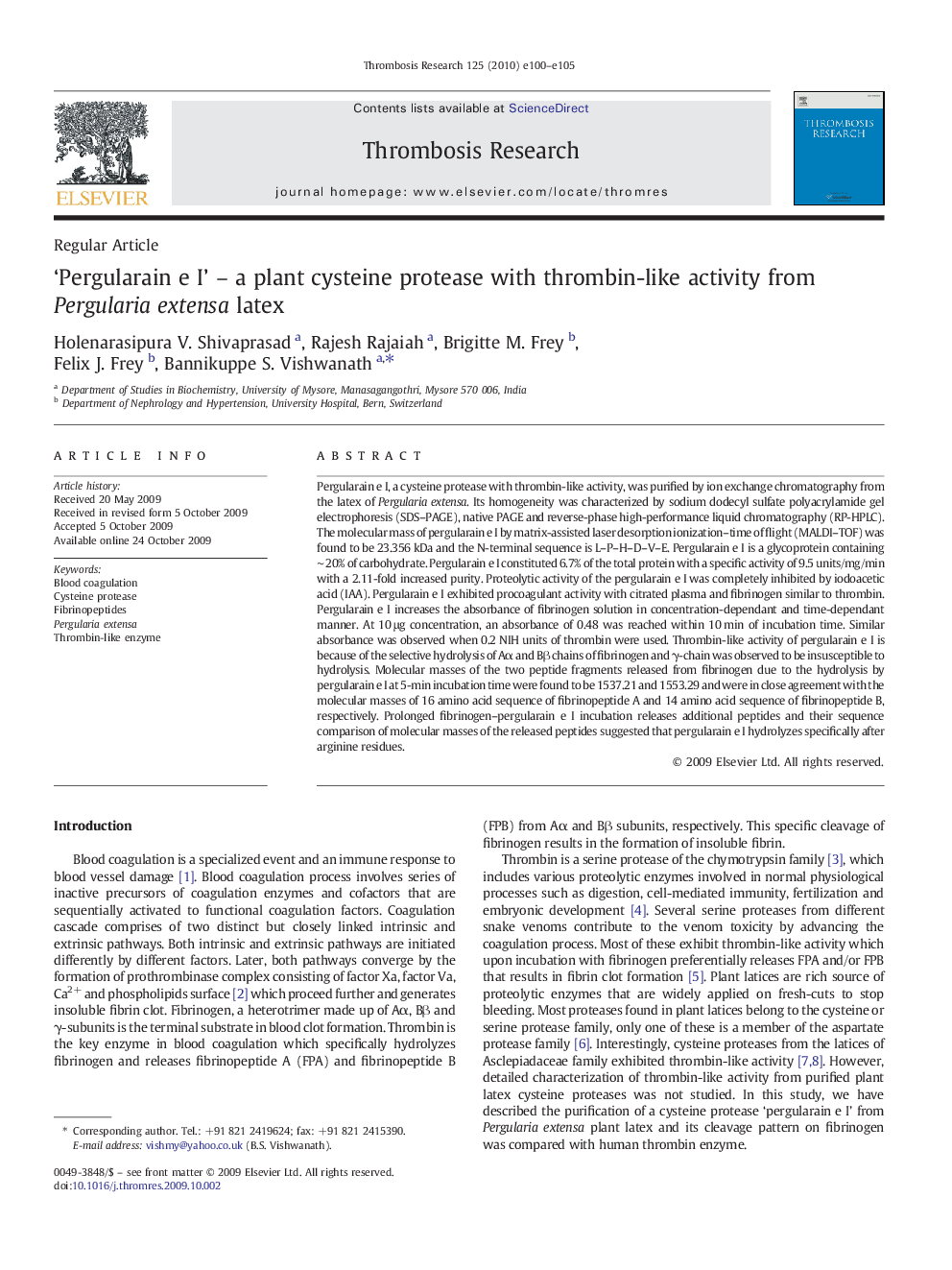 ‘Pergularain e I’ – a plant cysteine protease with thrombin-like activity from Pergularia extensa latex