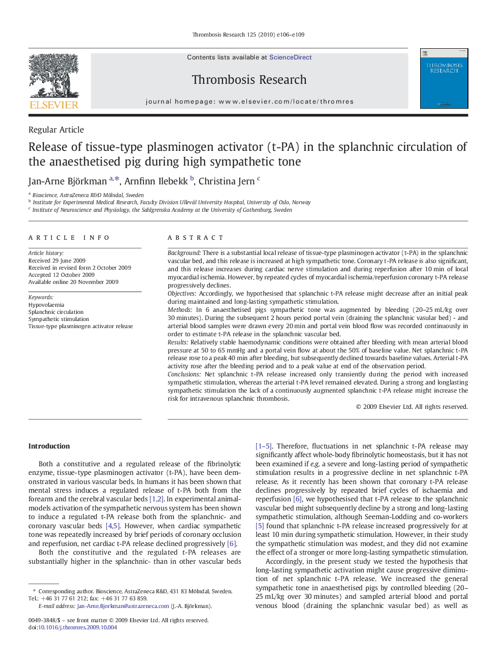 Release of tissue-type plasminogen activator (t-PA) in the splanchnic circulation of the anaesthetised pig during high sympathetic tone