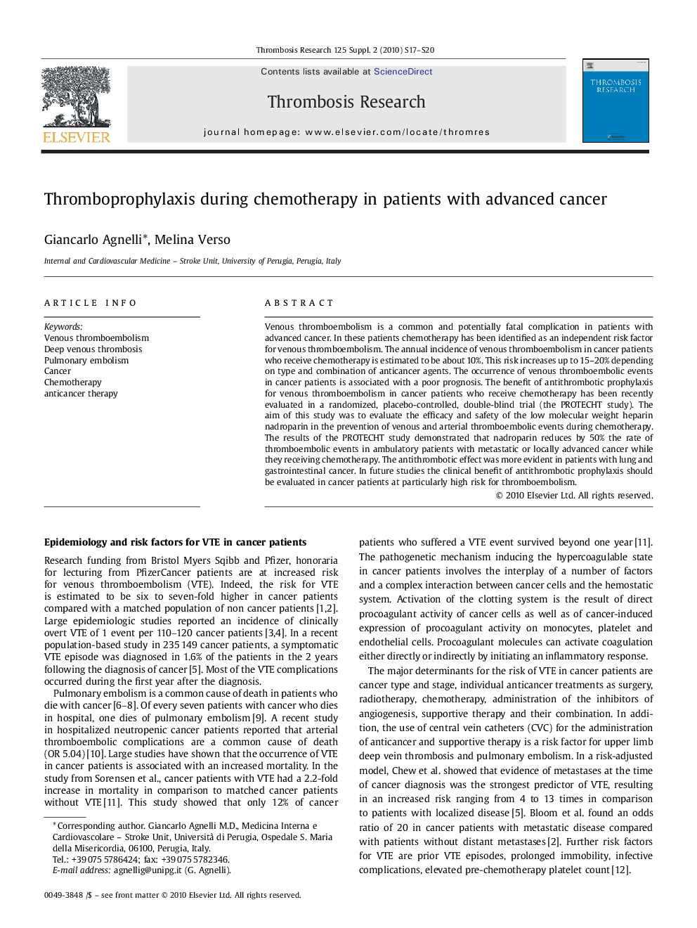 Thromboprophylaxis during chemotherapy in patients with advanced cancer 