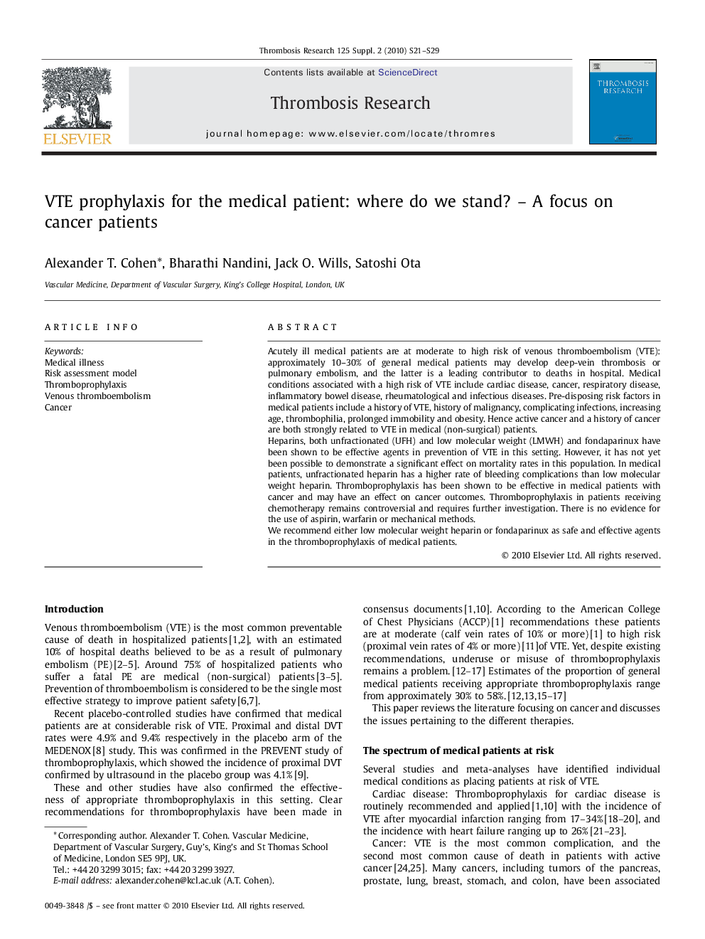 VTE prophylaxis for the medical patient: where do we stand? – A focus on cancer patients 