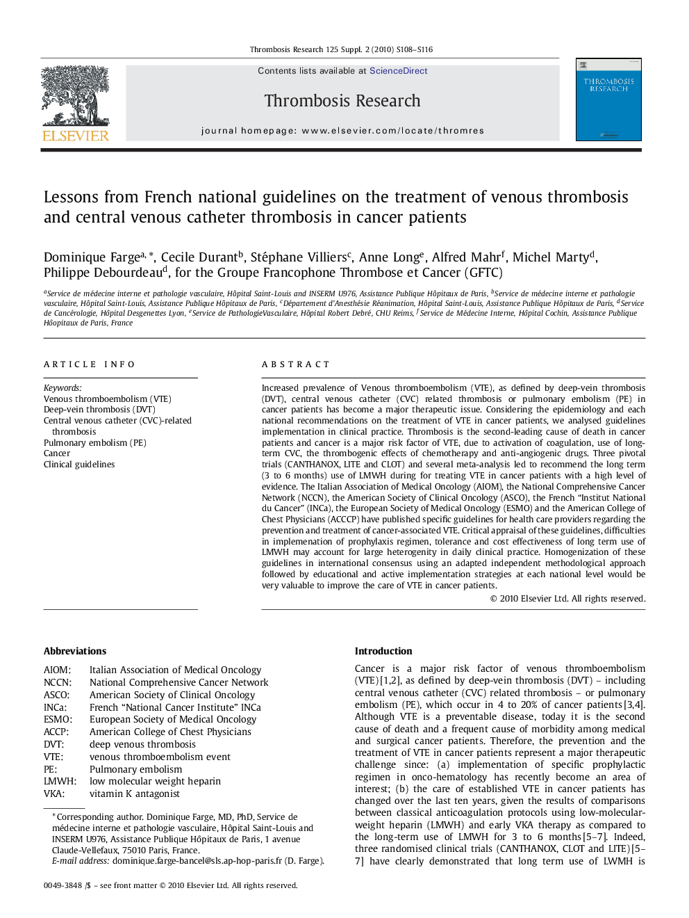 Lessons from French national guidelines on the treatment of venous thrombosis and central venous catheter thrombosis in cancer patients 