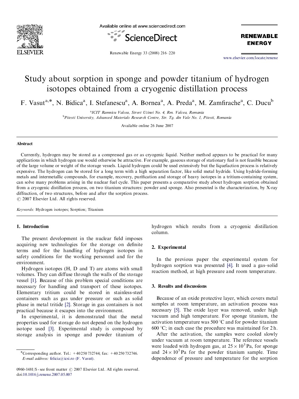 Study about sorption in sponge and powder titanium of hydrogen isotopes obtained from a cryogenic distillation process