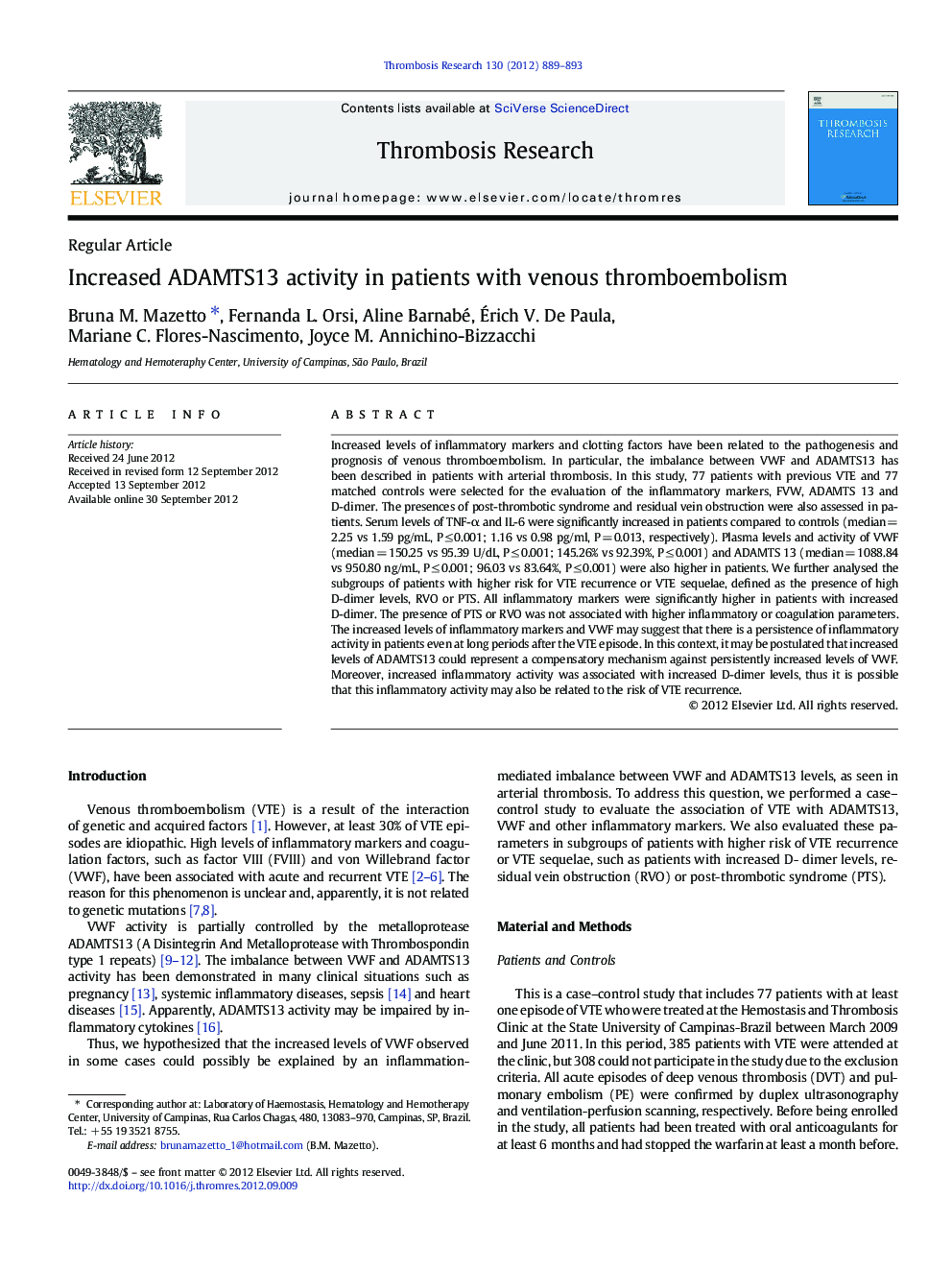 Increased ADAMTS13 activity in patients with venous thromboembolism