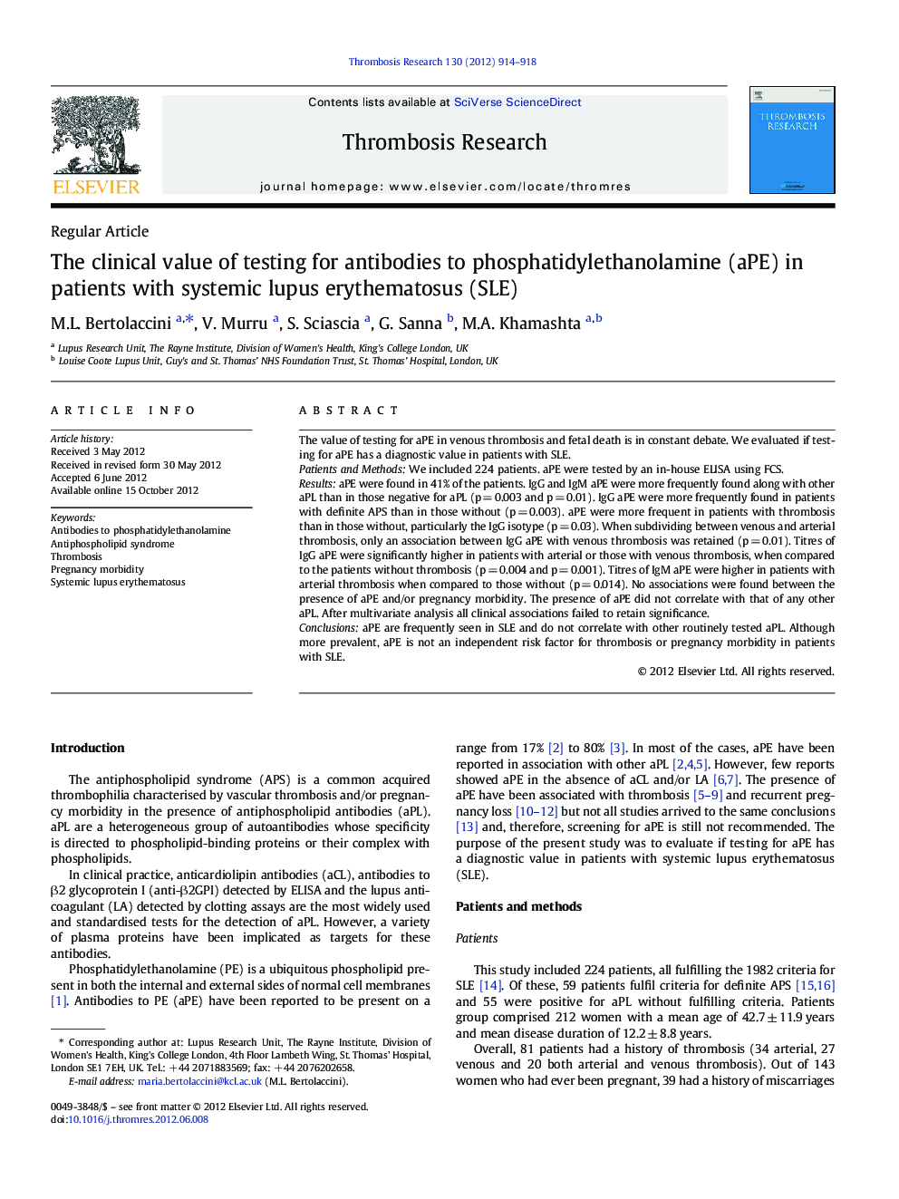 The clinical value of testing for antibodies to phosphatidylethanolamine (aPE) in patients with systemic lupus erythematosus (SLE)