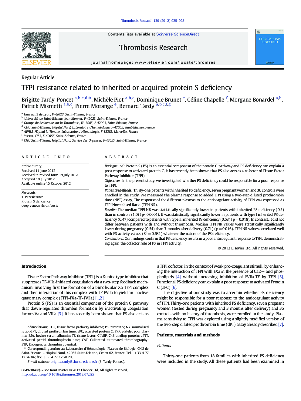 TFPI resistance related to inherited or acquired protein S deficiency