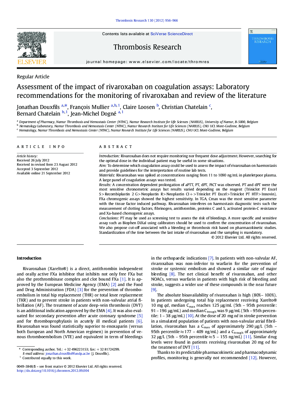 Assessment of the impact of rivaroxaban on coagulation assays: Laboratory recommendations for the monitoring of rivaroxaban and review of the literature