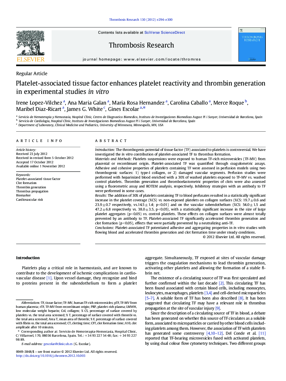 Platelet-associated tissue factor enhances platelet reactivity and thrombin generation in experimental studies in vitro