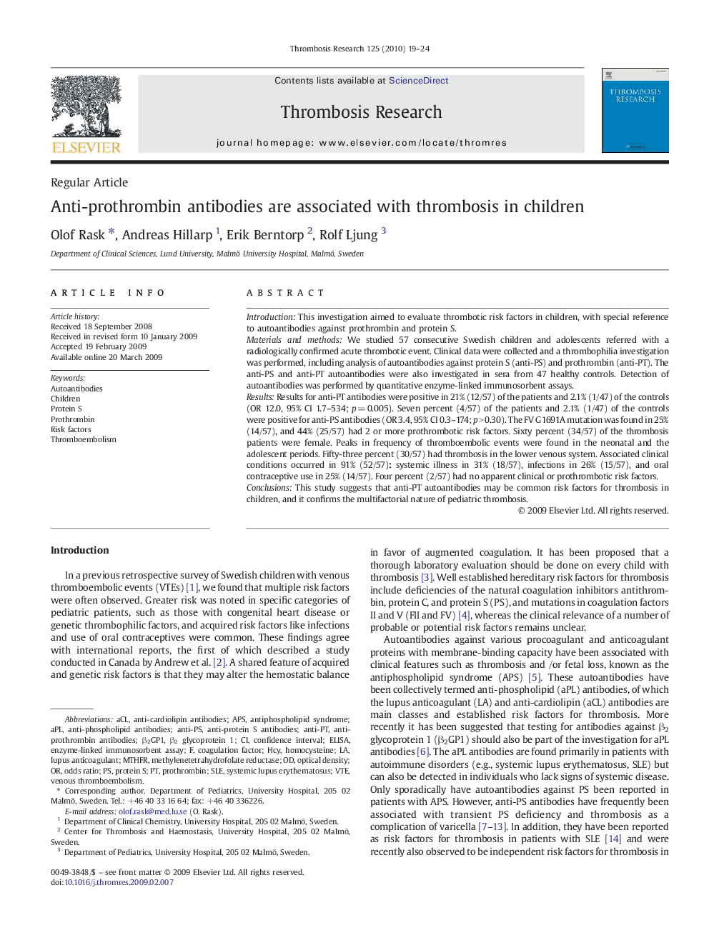 Anti-prothrombin antibodies are associated with thrombosis in children