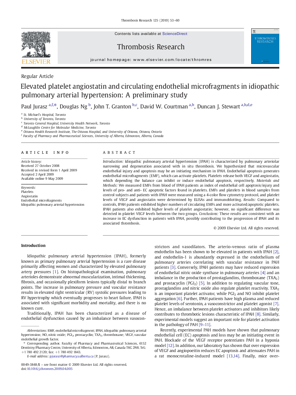 Elevated platelet angiostatin and circulating endothelial microfragments in idiopathic pulmonary arterial hypertension: A preliminary study