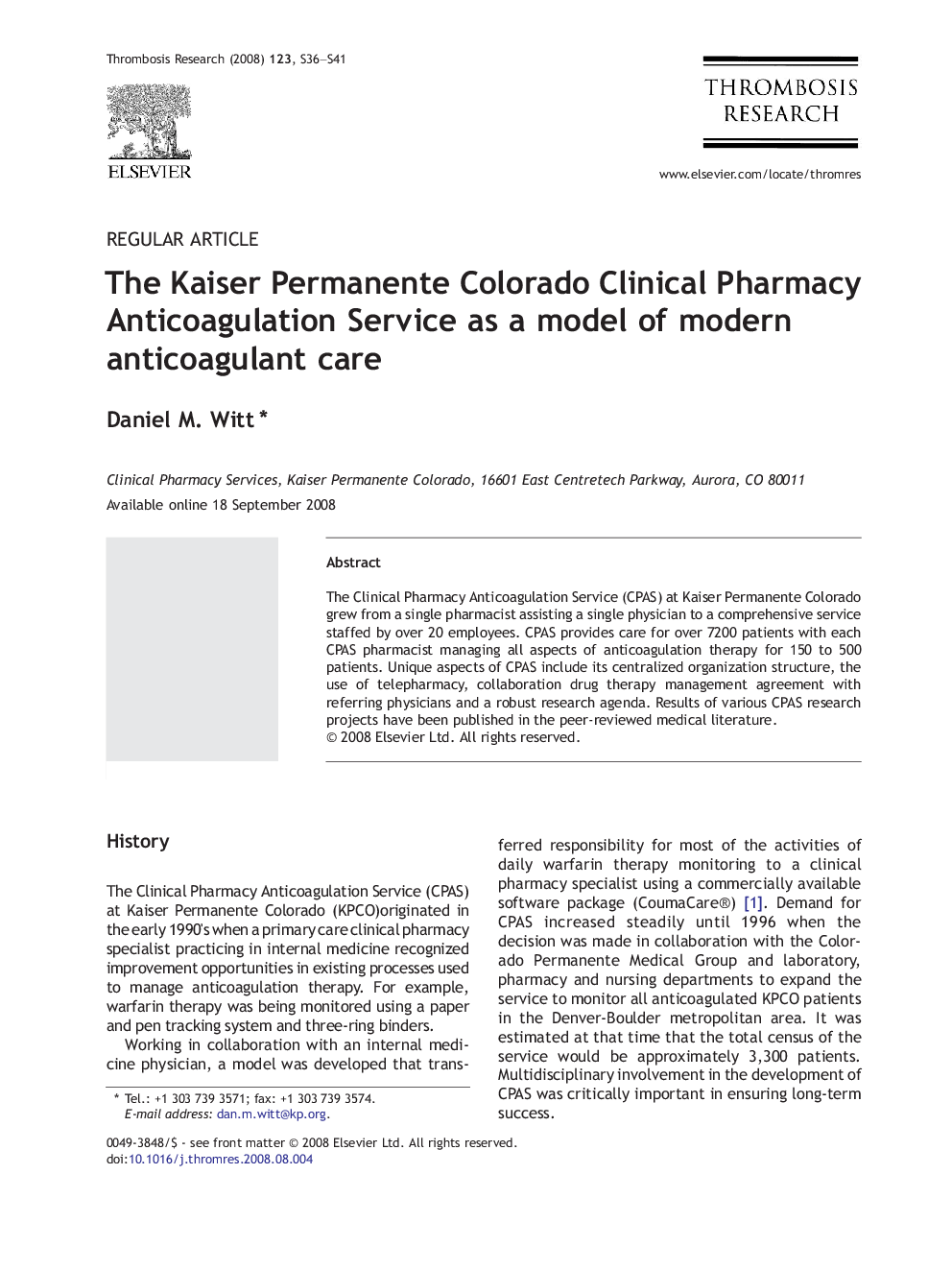 The Kaiser Permanente Colorado Clinical Pharmacy Anticoagulation Service as a model of modern anticoagulant care