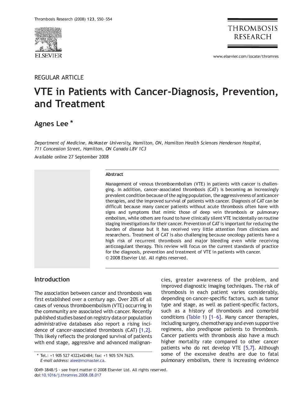 VTE in Patients with Cancer-Diagnosis, Prevention, and Treatment