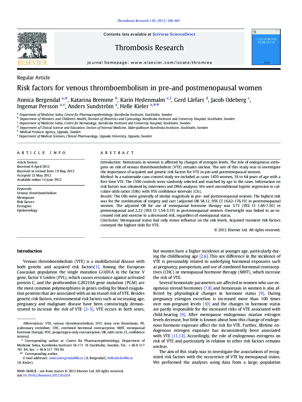 Risk factors for venous thromboembolism in pre-and postmenopausal women