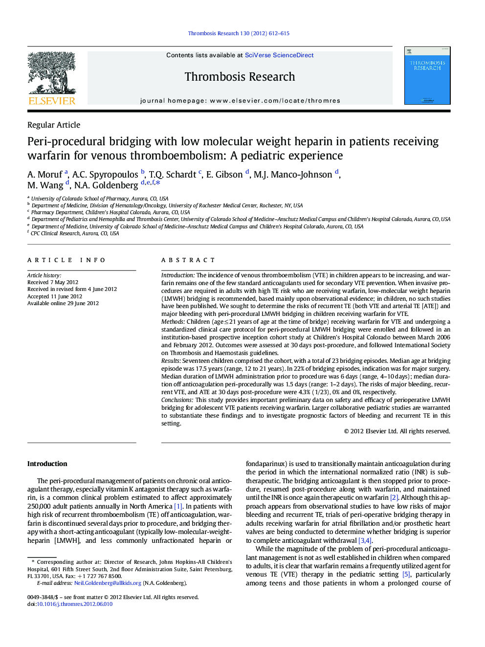 Peri-procedural bridging with low molecular weight heparin in patients receiving warfarin for venous thromboembolism: A pediatric experience