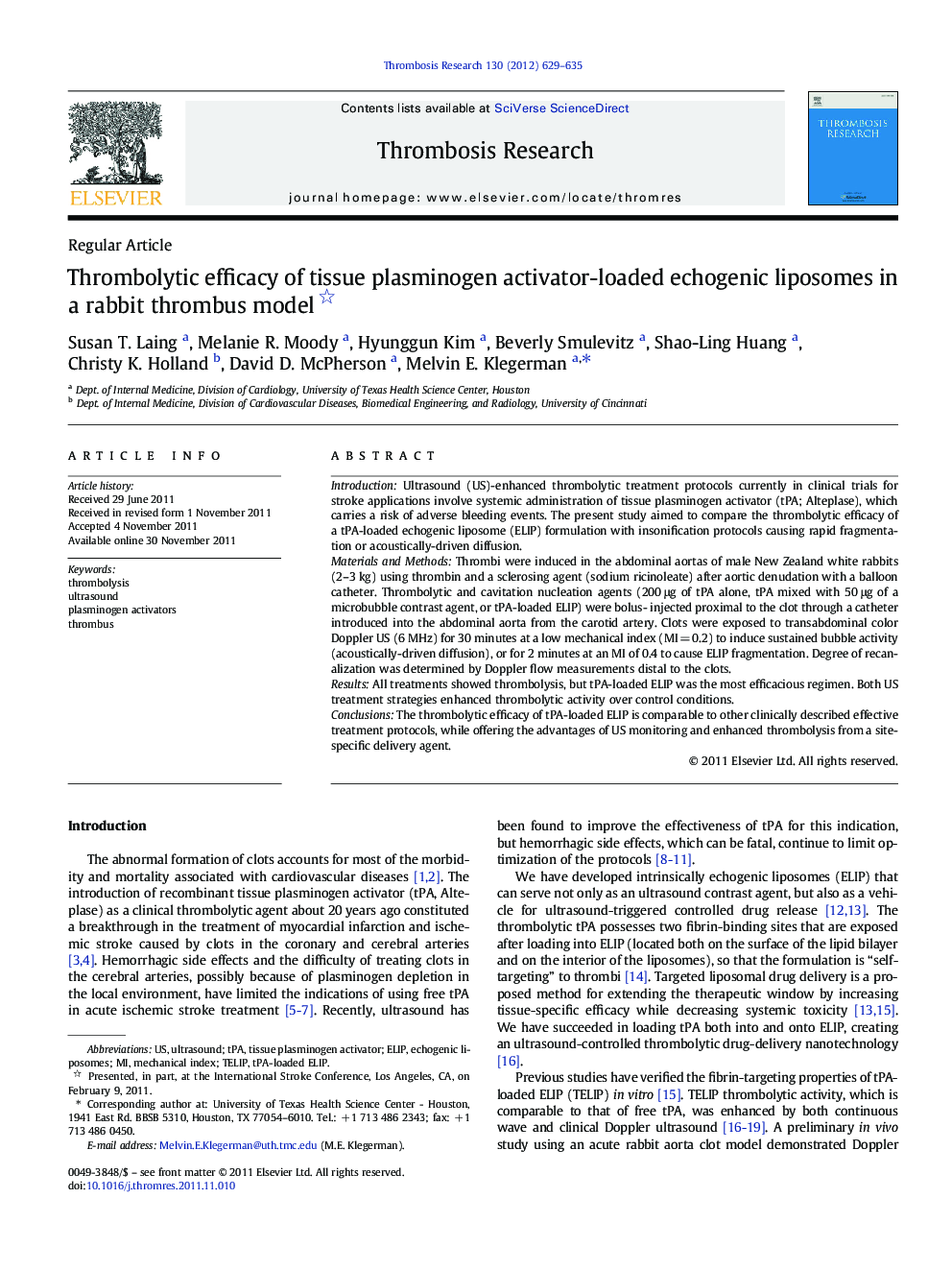 Thrombolytic efficacy of tissue plasminogen activator-loaded echogenic liposomes in a rabbit thrombus model 