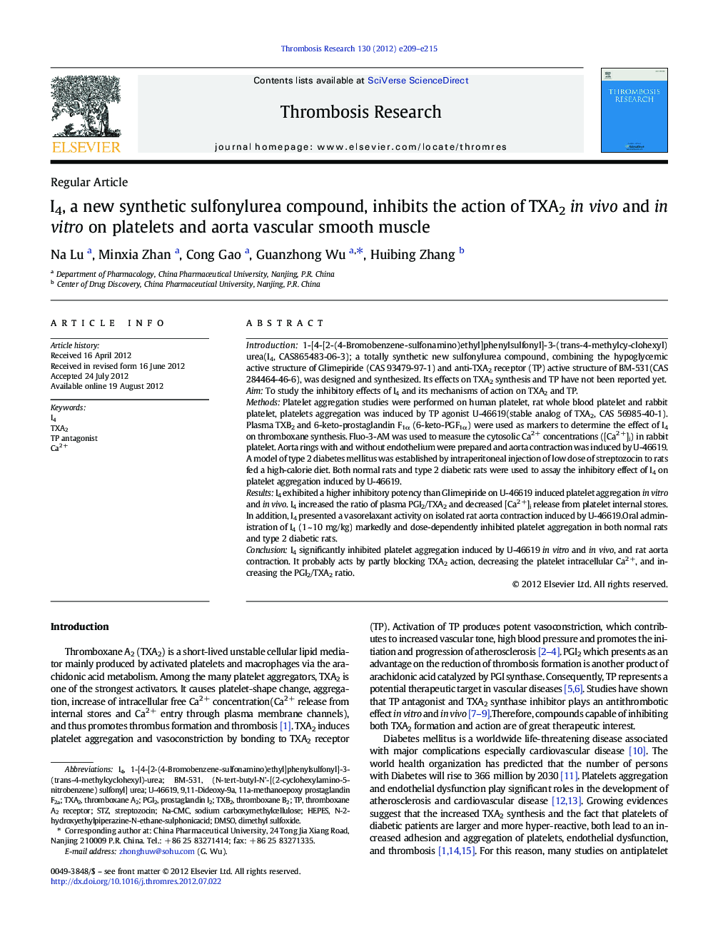 I4, a new synthetic sulfonylurea compound, inhibits the action of TXA2in vivo and in vitro on platelets and aorta vascular smooth muscle