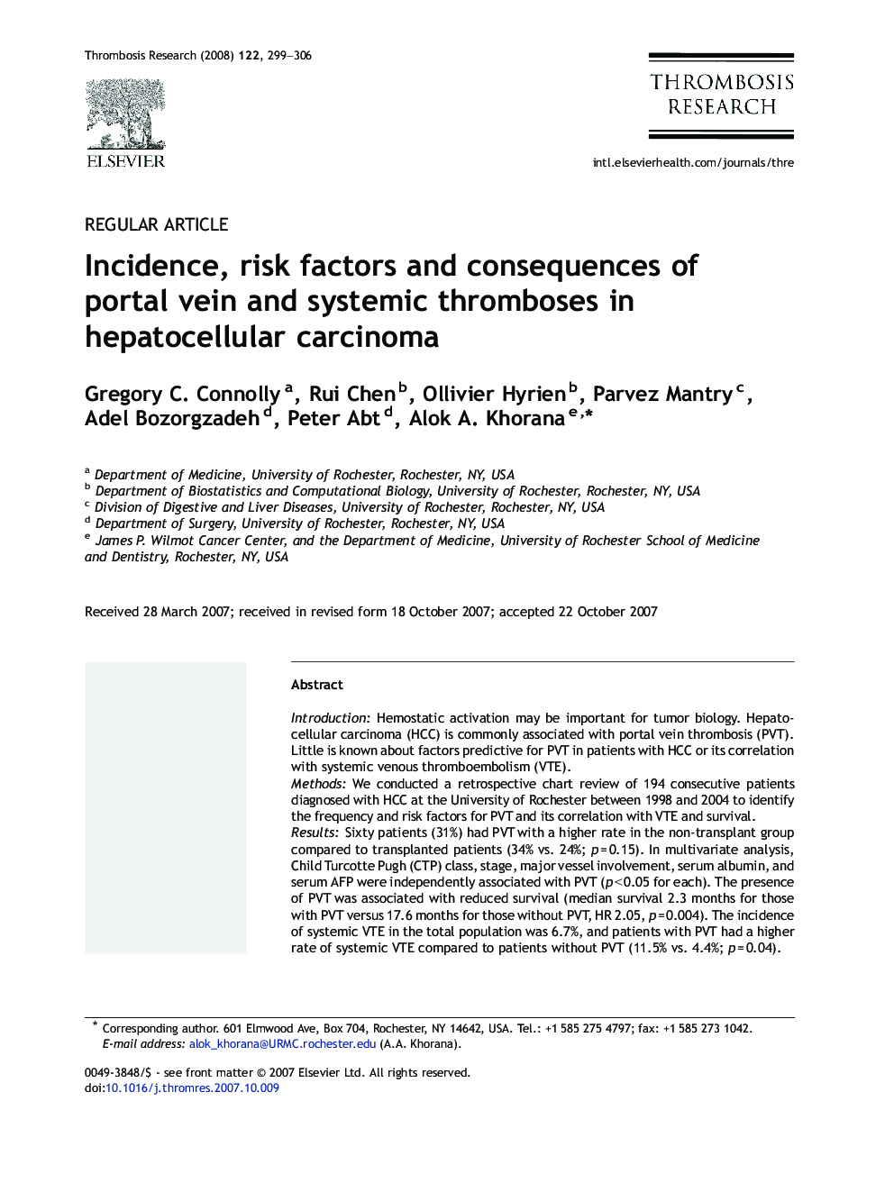 Incidence, risk factors and consequences of portal vein and systemic thromboses in hepatocellular carcinoma