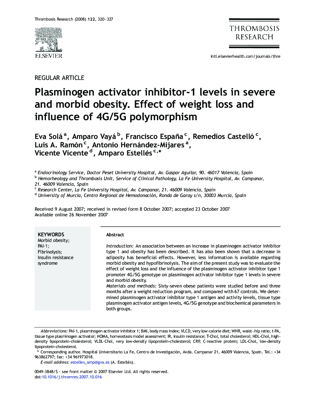 Plasminogen activator inhibitor-1 levels in severe and morbid obesity. Effect of weight loss and influence of 4G/5G polymorphism