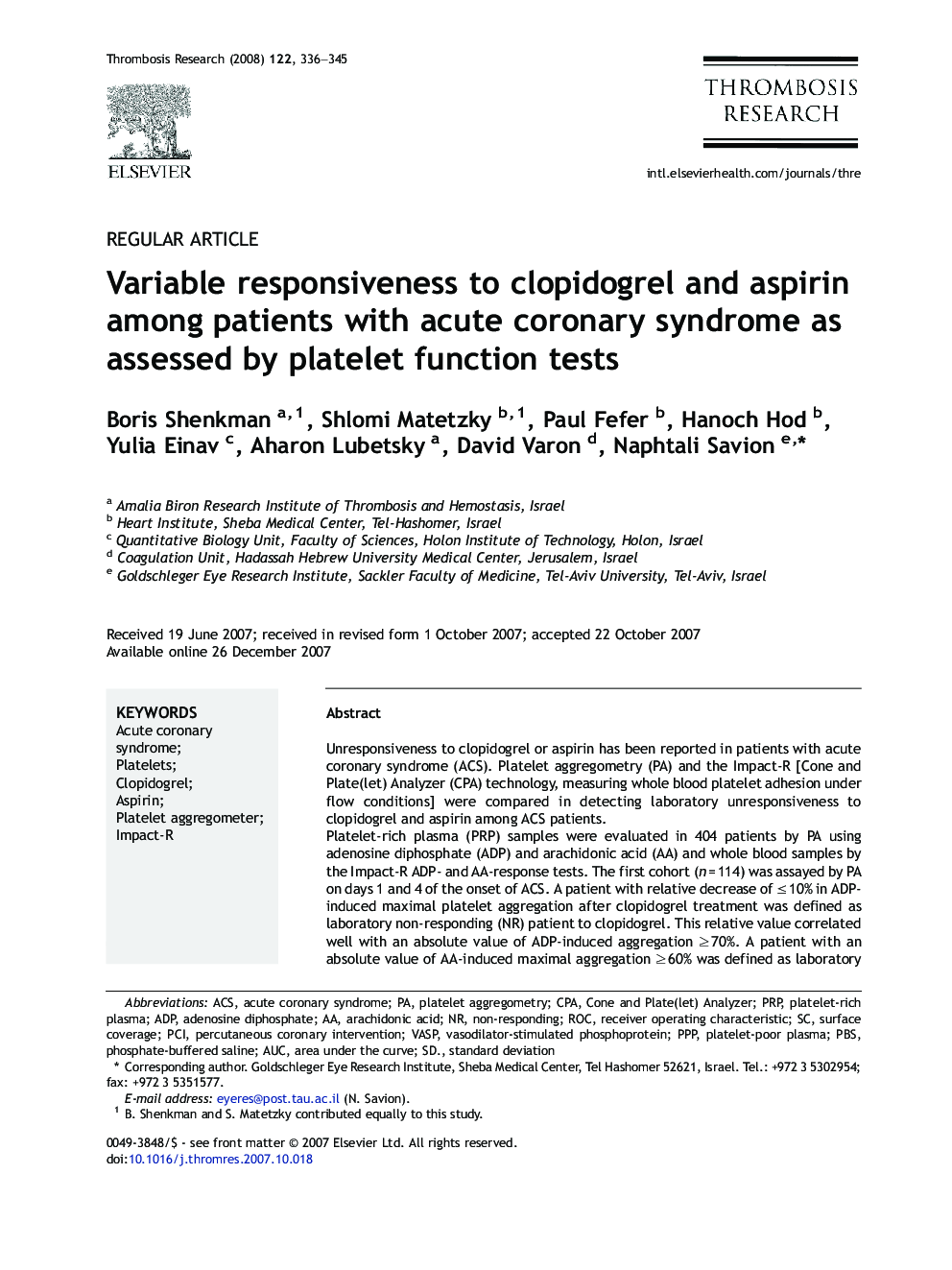 Variable responsiveness to clopidogrel and aspirin among patients with acute coronary syndrome as assessed by platelet function tests