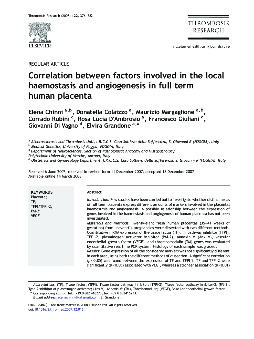 Correlation between factors involved in the local haemostasis and angiogenesis in full term human placenta