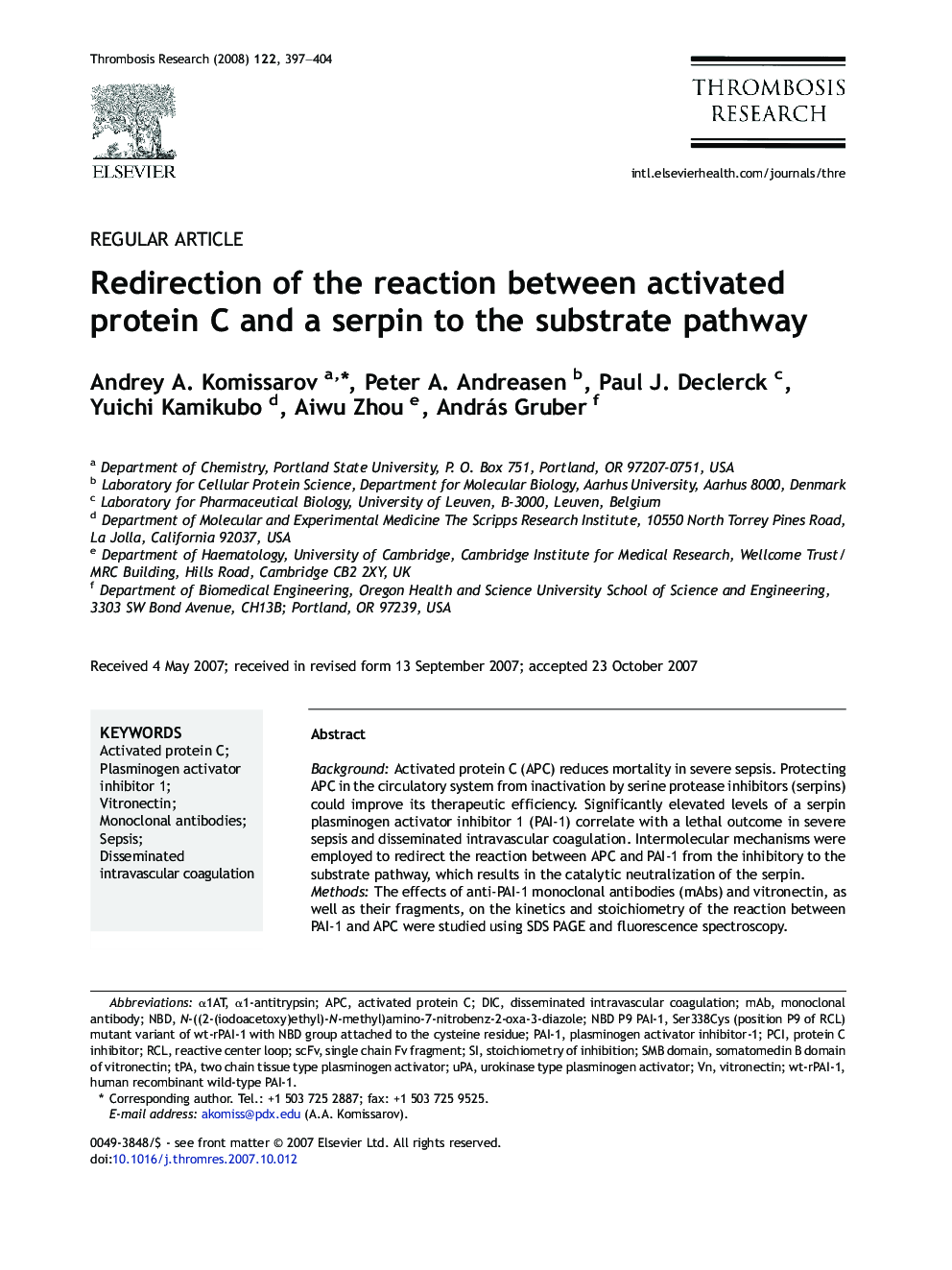 Redirection of the reaction between activated protein C and a serpin to the substrate pathway