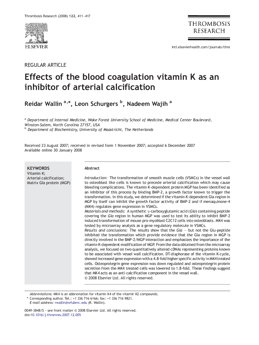 Effects of the blood coagulation vitamin K as an inhibitor of arterial calcification