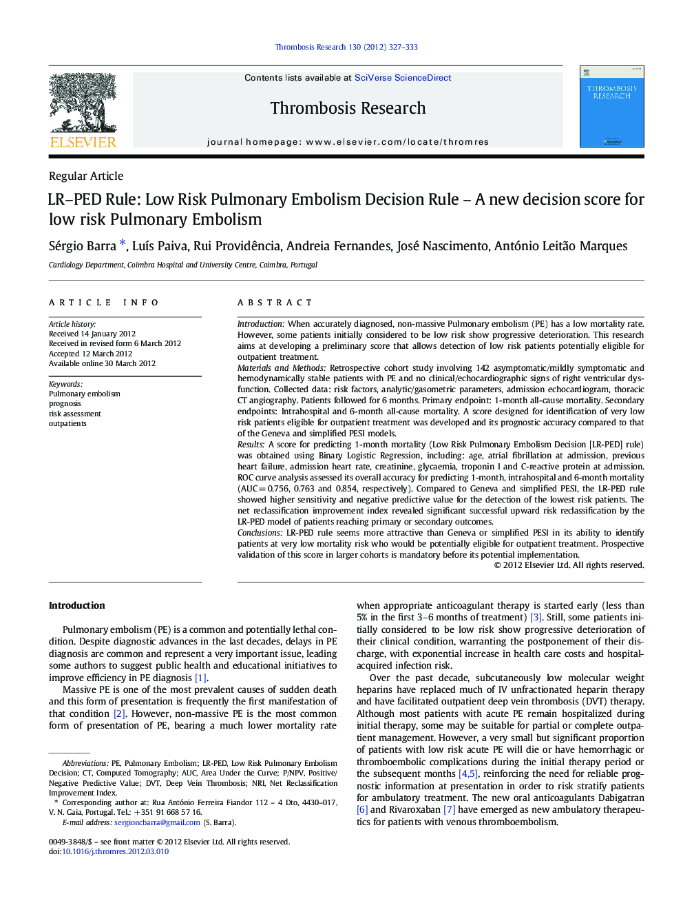 LR–PED Rule: Low Risk Pulmonary Embolism Decision Rule – A new decision score for low risk Pulmonary Embolism