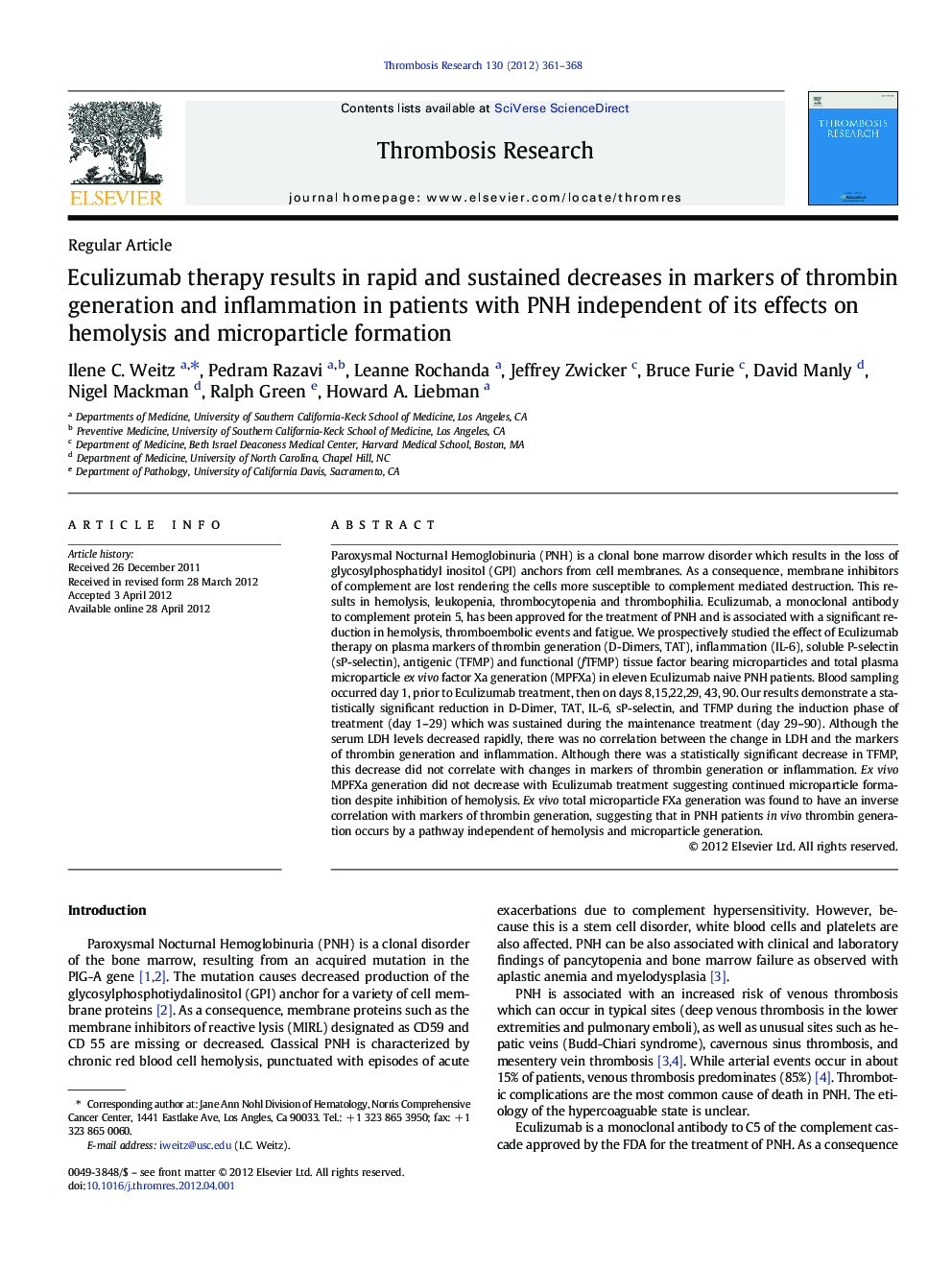 Eculizumab therapy results in rapid and sustained decreases in markers of thrombin generation and inflammation in patients with PNH independent of its effects on hemolysis and microparticle formation