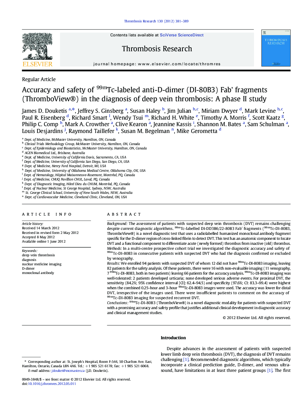 Accuracy and safety of 99mTc-labeled anti-D-dimer (DI-80B3) Fab’ fragments (ThromboView®) in the diagnosis of deep vein thrombosis: A phase II study