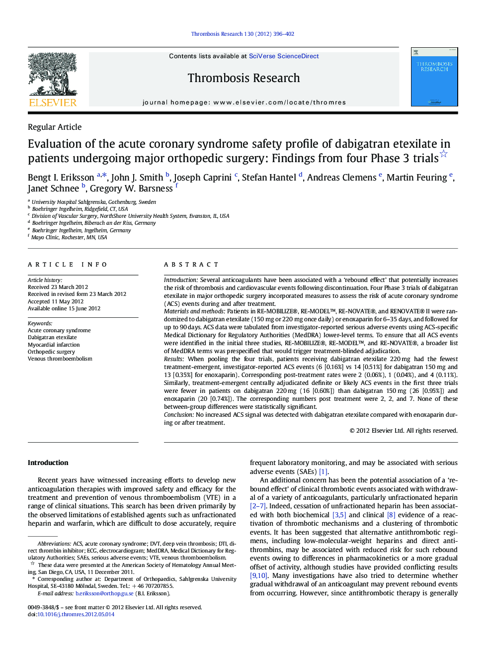 Evaluation of the acute coronary syndrome safety profile of dabigatran etexilate in patients undergoing major orthopedic surgery: Findings from four Phase 3 trials 