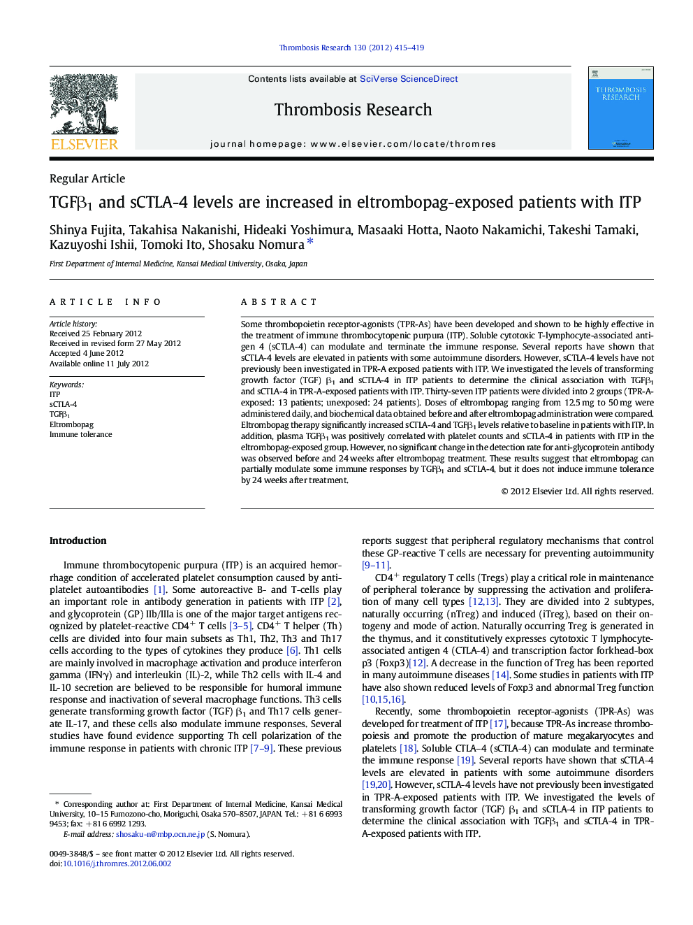 TGFβ1 and sCTLA-4 levels are increased in eltrombopag-exposed patients with ITP