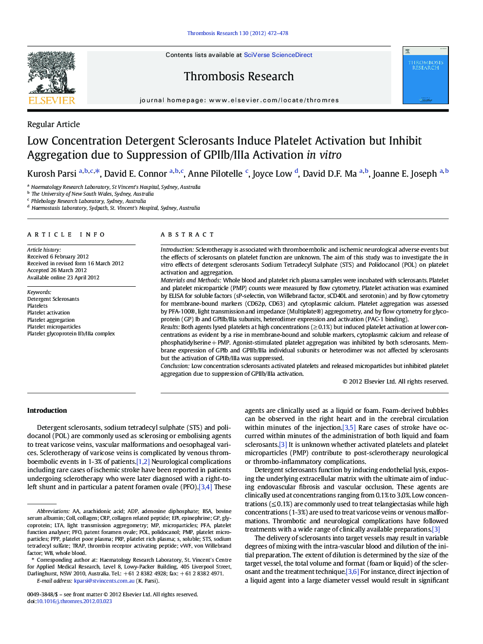 Low Concentration Detergent Sclerosants Induce Platelet Activation but Inhibit Aggregation due to Suppression of GPIIb/IIIa Activation in vitro