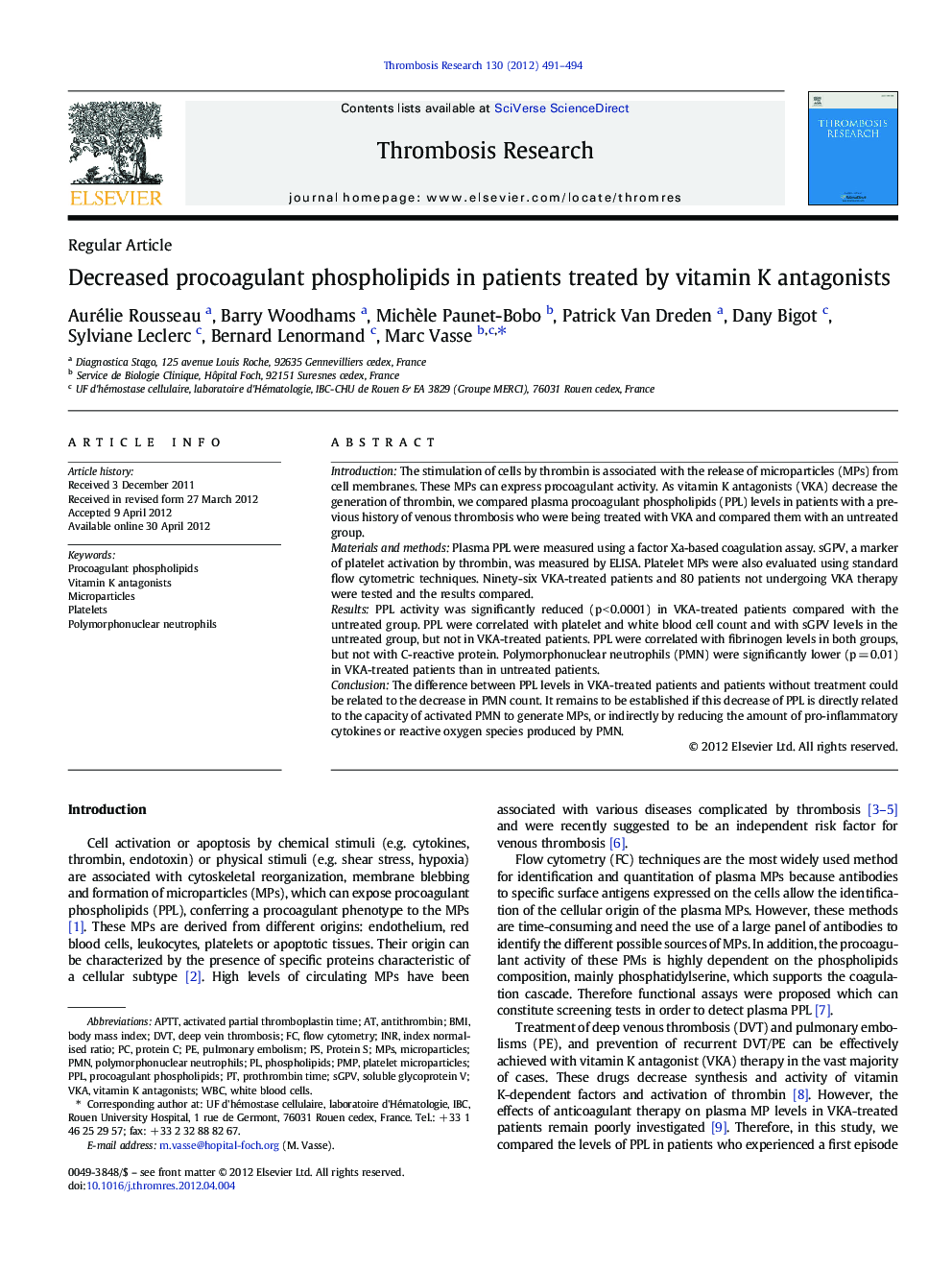 Decreased procoagulant phospholipids in patients treated by vitamin K antagonists