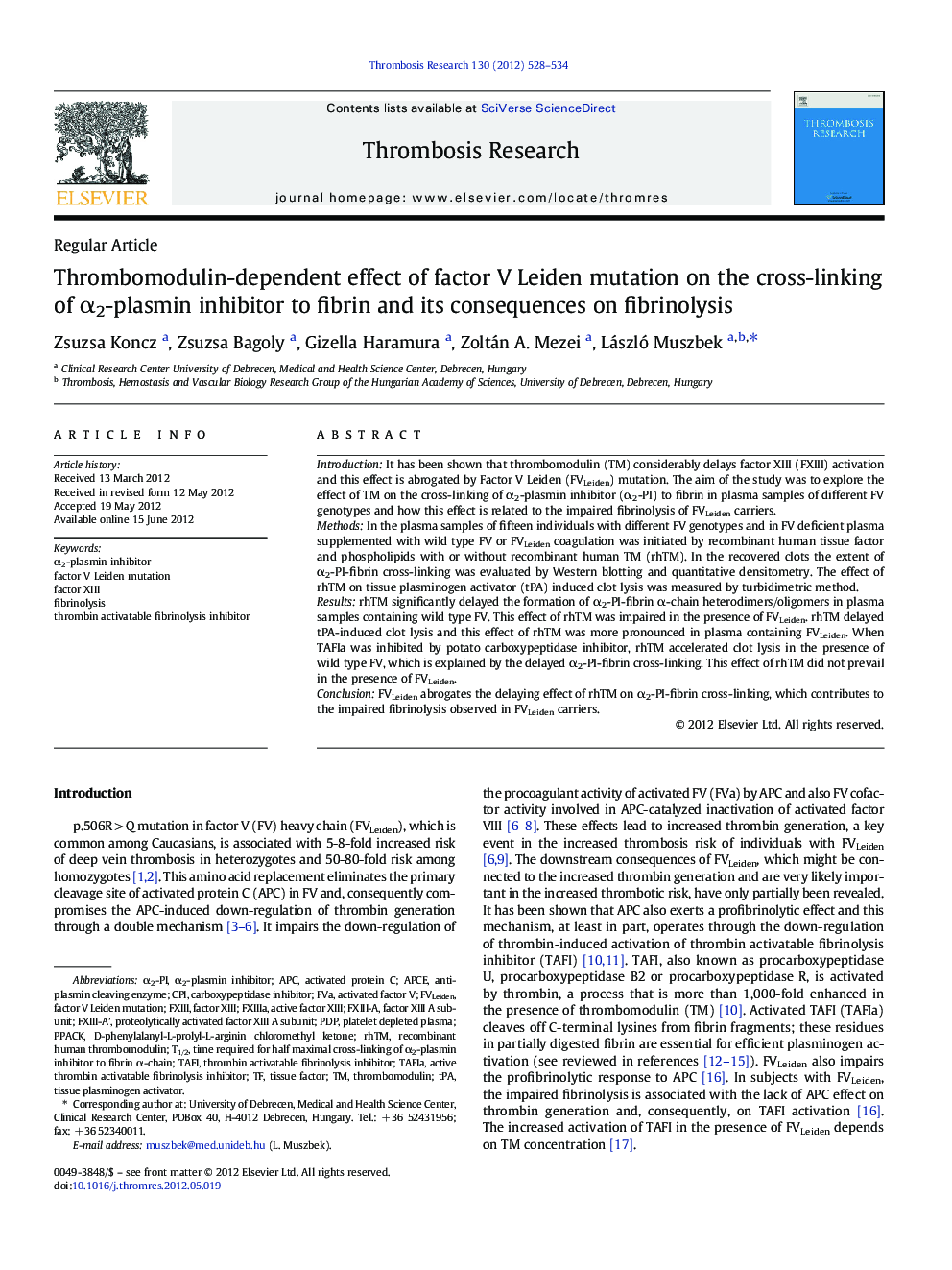 Thrombomodulin-dependent effect of factor V Leiden mutation on the cross-linking of α2-plasmin inhibitor to fibrin and its consequences on fibrinolysis