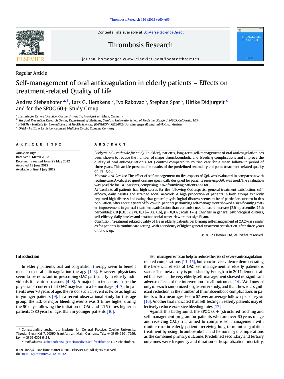 Self-management of oral anticoagulation in elderly patients – Effects on treatment-related Quality of Life