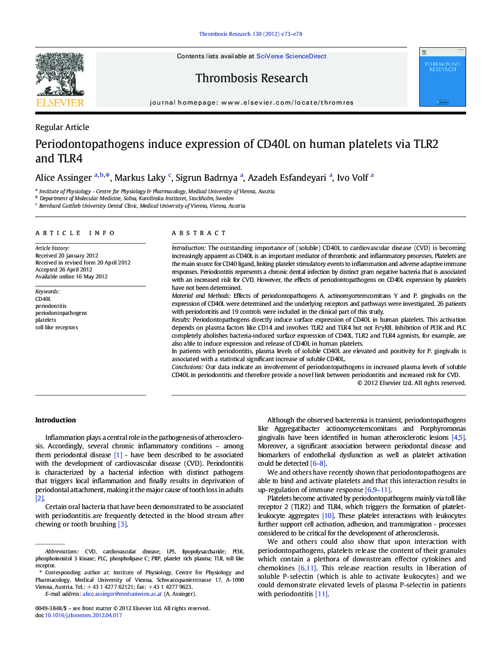 Periodontopathogens induce expression of CD40L on human platelets via TLR2 and TLR4